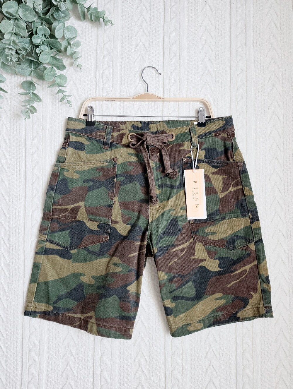 RISEN HR Slouchy Jorts Eyelet Drawstring Waist Cotton Camo Bermuda Shorts XL NEW